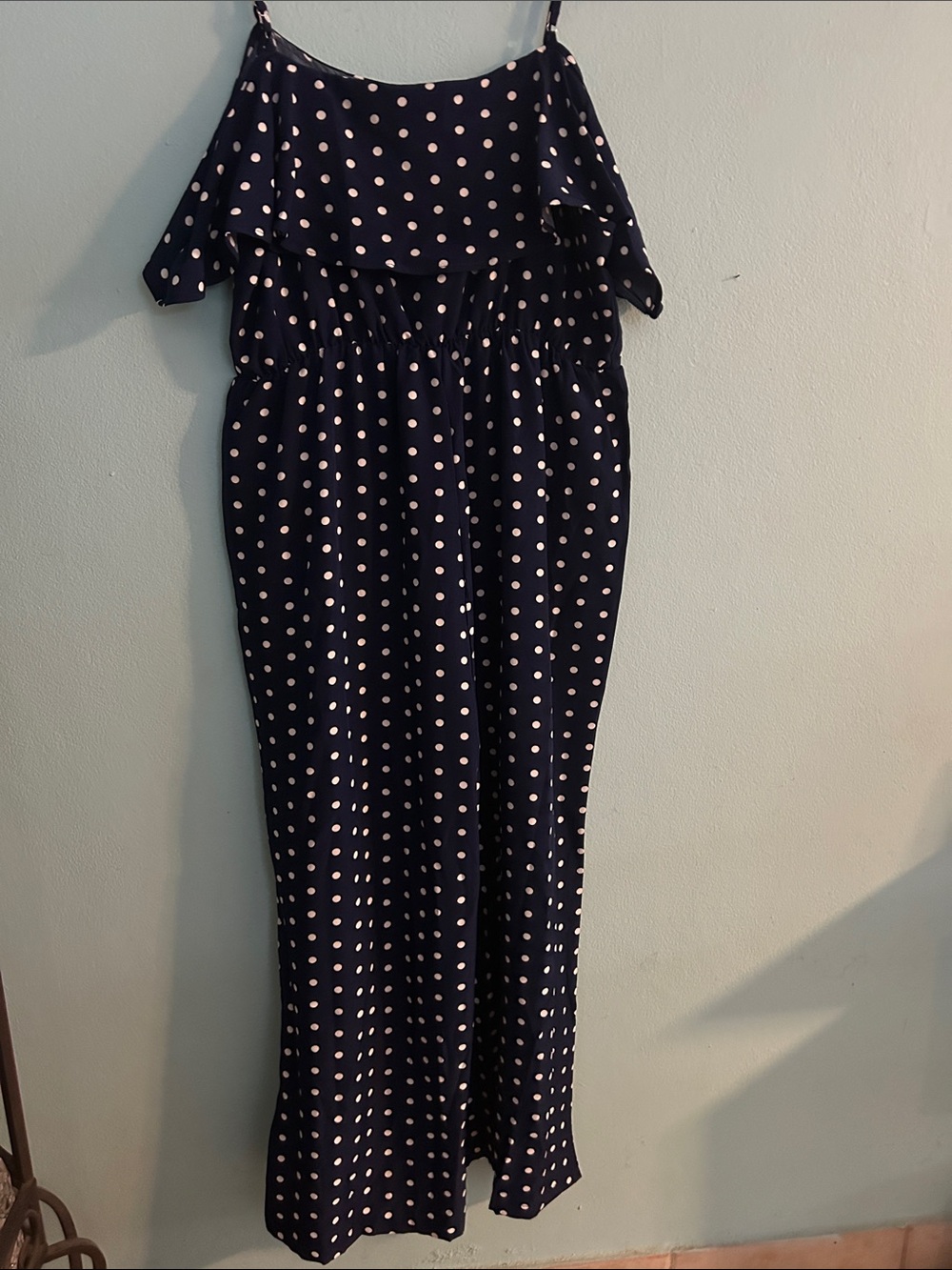 Navy Polka Dot Off-Shoulder Maxi jumpsuit